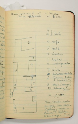 Image: Amiran's diagram of a housing trailer. It shows a large rectangle with smaller rectangles inside it. The large rectangle is the trailer, and the smaller rectangles are the pieces of furniture (beds, sofa, table, etc.).